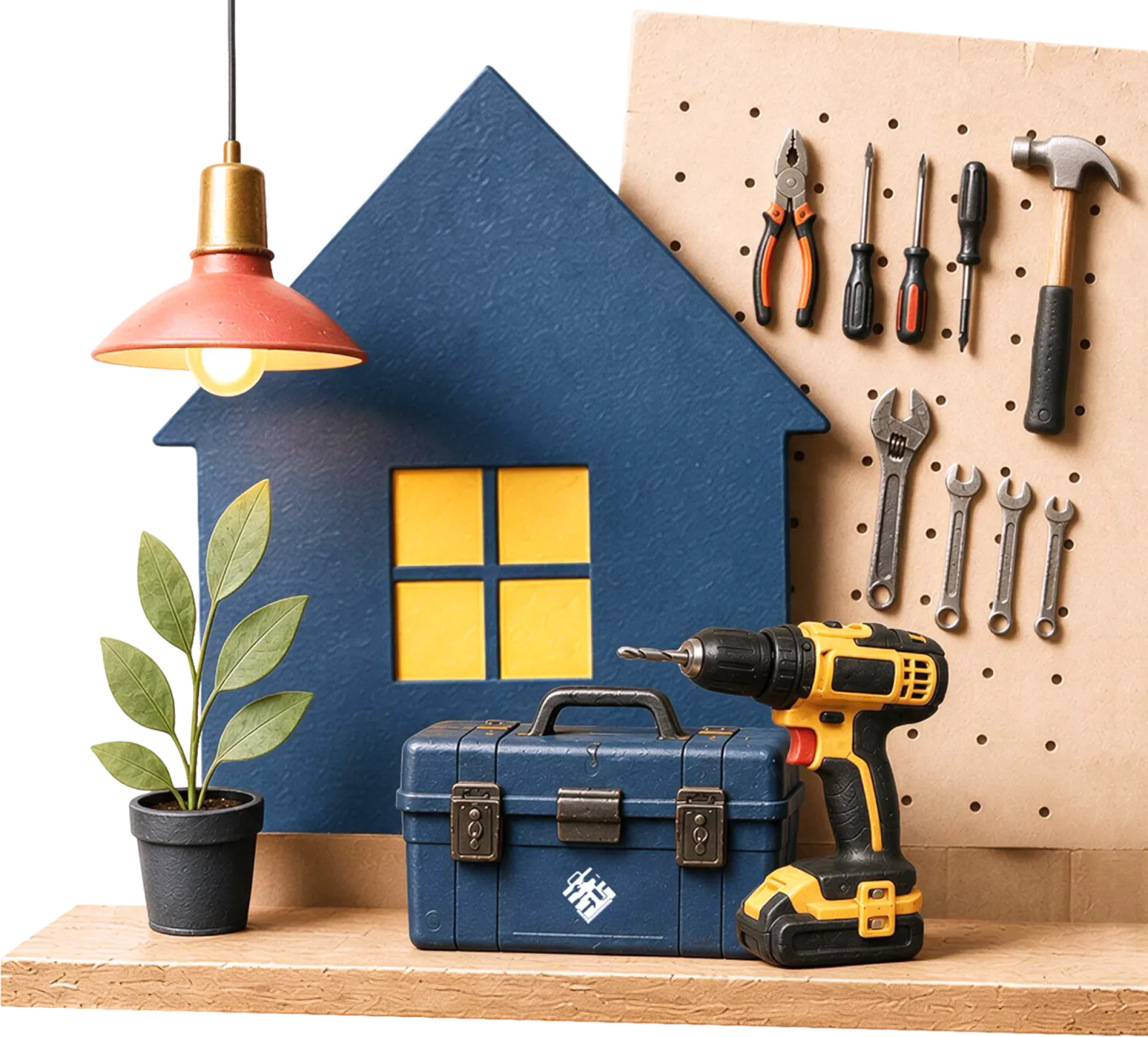 Handyman workspace in Leipzig: wooden house shape, blue toolbox, cordless drill and a pegboard with hand tools